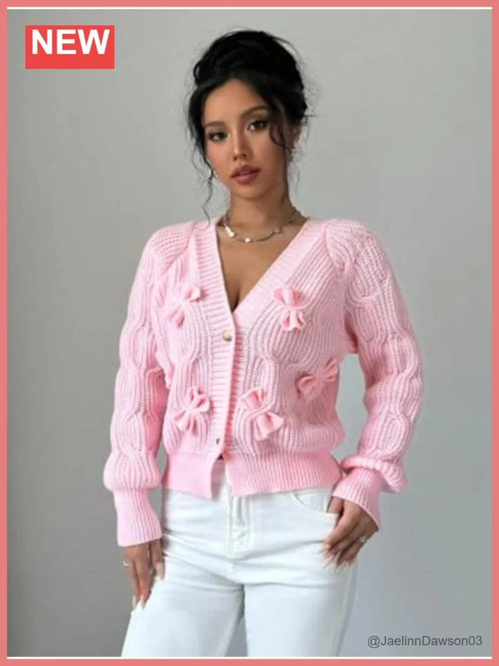 Cropped Bow Chunky Knit Cardigan Open Front Long Sleeve Button Up Sweater